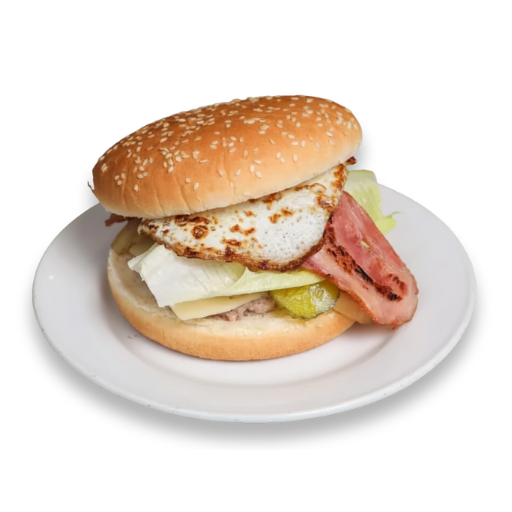 Hamburguesa especial con carne, queso, huevo a la plancha, pepinillo, tomate, lechuga y cebolla en pan de sésamo, servida en plato blanco; Yogui Burger en Torrejón de Ardoz.