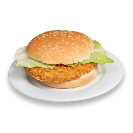 Hamburguesa de pollo empanado con lechuga en pan de sésamo, servida en plato blanco; foto de producto de Yogui Burger en Torrejón de Ardoz.